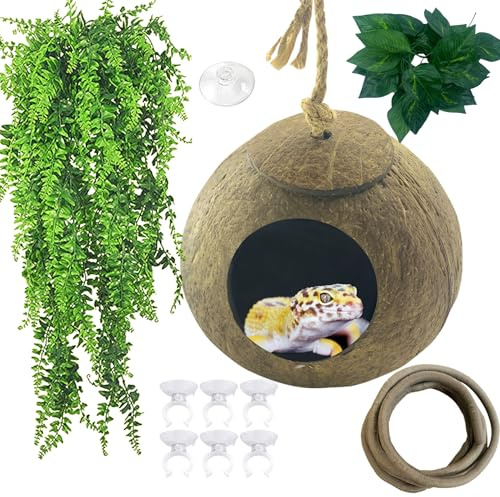 MUYG Escondites de cáscara de coco con cresta de gecko y lagarto, cabaña de reptiles, conchas, nido de concha, escondite duradero, cueva colgante, hábitat, camaleón, mini condominio, escalada