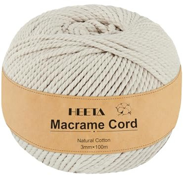 HEETA Macrame Cord, 3mm x 100m Soft Macrame Rope Natural Cotton String for Crafts Sturdy Eco-friendly 3 Strands Twisted Cotton String for Beginners DIY Home Decor