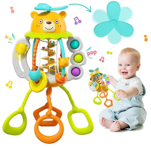 HOLA Montessori Toys for 1 Year Old Boys-Rattle Teething Baby Toys 0-6 & 6-12 Months, Silicone Pull String Sensory Toys for 1 Year Old Girl Gifts Christmas Stocking Stuffers
