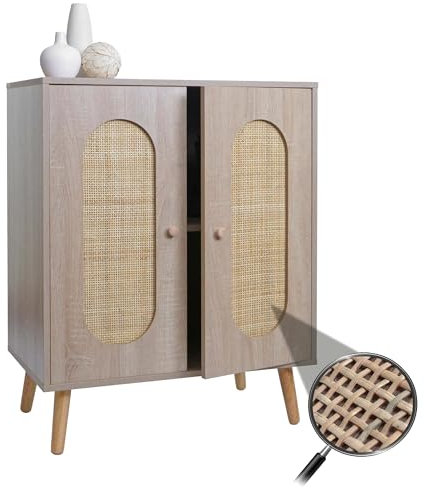 Mendler Kommode HWC-M35, Schrank Sideboard Highboard, Staufächer, Kubu Rattan Holz Melamin, Eiche-Optik