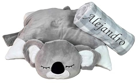 Danielstore Set Regalo Recien Nacido Manta Bebé Personalizada Nombre Bebé Bordado + Cojín Decorativo Bebé (Cojín Koala + Manta Gris 21531)