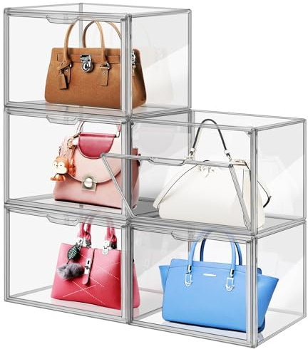 YHANEC 5 Packungen transparente Kunststoff-Handtaschen-Organizer für Schrank, Acryl-Vitrine für Handtasche und Geldbörse, Stapelbare Aufbewahrungsboxen, Spielzeug-Organisation und Ausstellung (XXL)