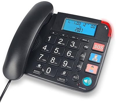 KALAHOL Large Button Landline Phone with LCD Display, Ideal for Seniors, Home Phone Adjustable Volume, Speakerphone, Multifunction Corded Phone, Black
