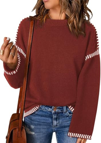 PADOLA Pull Femme Oversize Sweat Col Rond côtelé Pull Tricoté Rayé Ample Sweatshirts Chic et Elegant Automne Hiver Chaud Polaire Manche Longue Décontracté Tunique Haut Habit (XL, 4 Bordeaux)