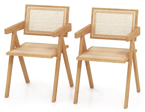 HOMASIS Lot de 2 Chaises de Salle à Manger en Bambou et Rotin | Chaise de Cuisine avec Accoudoirs et Dossier, Charge Maximale 150 kg pour Salon et Bureau