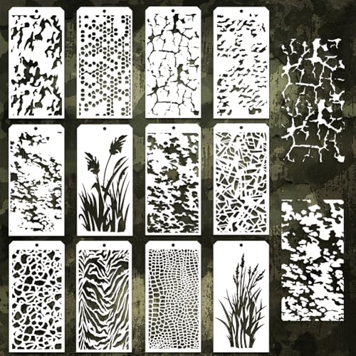 GOMAKERER 12 Stück Dekorative Malvorlagen 12 Stile Malschablonen Mit Camouflage Muster Wiederverwendbare Randschablone Zum Malen Auf Fliesen Wänden Und Böden Scrapbooking Dekor Zeichnen Nachzeichnen