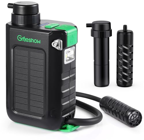 Greeshow Electric Portable Water Filter with Reusable 0.01 Micron Filter for Camping, Hiking, Survival with 3000mAh Portable Power Bank, Suport USB/Solar/Hand Crank Charing (Set of 2 Filters)