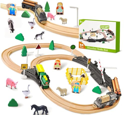 Wooden Train Track Set for Toddlers 3-5 - 54 PCS Farm Railway Toy Set, Ideal Easter Basket Stuffers & Gifts for Boys Girls, Double Sided Tracks Compatible with Brio, Thomas, Melissa & Doug