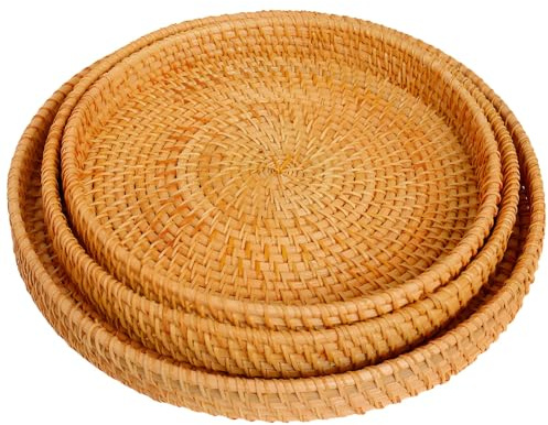Handcrafted 3-Piece Woven Basket Set, Round Serving Trays with Autumn Vine Design, Nesting Baskets for Fruit & Bread Display, Rustic Décor