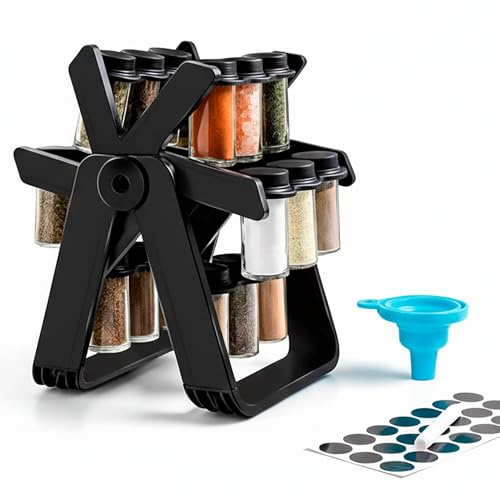 Especiero Giratorio de Cocina Estilo Noria – Organizador de Especias con 18 Botes Especias de Cristal – Diseño Decorativo y Compacto para un mejor Almacenaje – Ideal para Encimera Cocina o Mesa