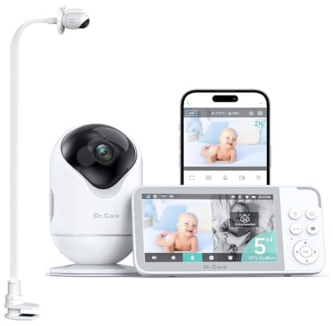 Dr.Care VistaView Baby Monitor WiFi Con Sostegno, 5”1080P Schermo Diviso & 2K/3MP Telecamera, APP Mobile, 5000mAh Batteria, HD Visione Notturna, Allarmi Pianto e Movimento, Audio Bidirezionale, 390m