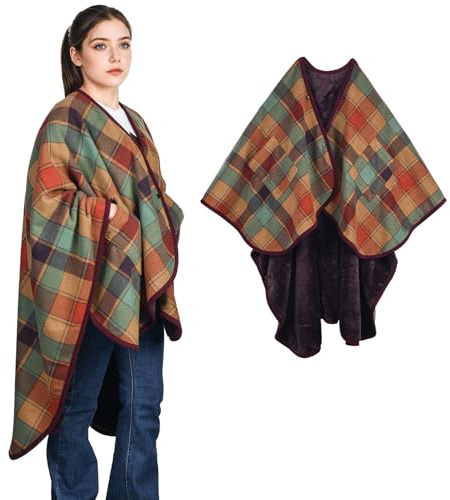 SIVENKE Poncho de forro polar portátil para mujer, manta de franela, cómoda manta poncho con botones y bolsillos para cama, sofá, oficina, multicolor a cuadros, 140 x 163 cm