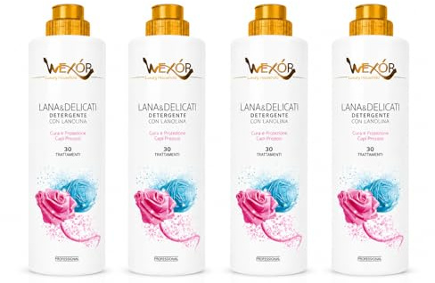 Lana & Delicati Detergente con Lanolina WEXÓR – Detersivo Professionale per Lana e Tessuti Delicati – Formula Concentrata Protezione Fibre – 30 Trattamenti - 4 Unita da 750ml