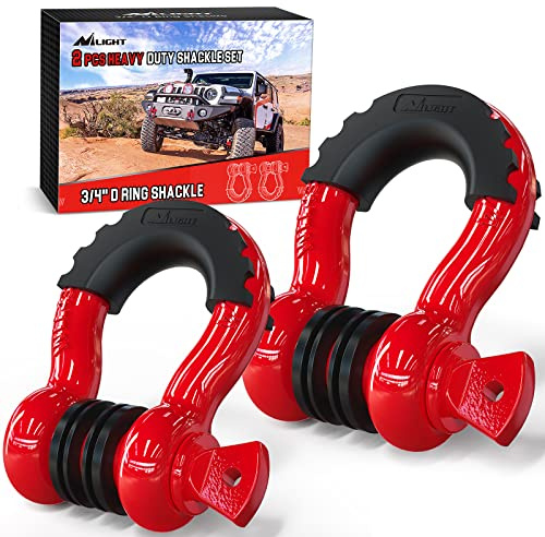 Nilight 2 Pack 3/4 D-Ring Shackle 4.75 Ton (9500 Lbs) Capacity with 7/8 Pin Heavy Duty Off Road Recovery Shackle with Isolators & Washer Kit for Jeep Truck Vehicle, Red (90053B)