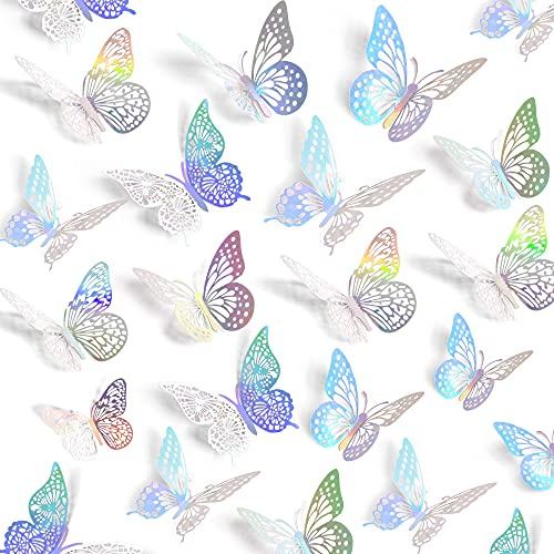 SAOROPEB 3D Butterfly Wall Decor, 72 Pcs 3 Styles 3 Sizes, Removable Metallic Wall Sticker Room Mural Decals for Kids Bedroom Nursery Classroom Party Decoration Wedding Decor DIY Gift (Laser)