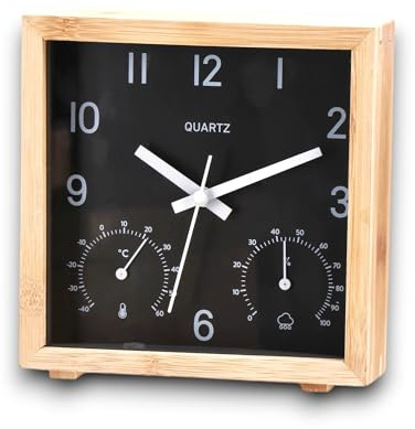 KORAT Orologio da Tavolo Analogico in Legno Naturale con Quadrante Nero o Bianco Design Moderno con Termometro e Igrometro Integrati Movimento al Quarzo Silenzioso Ideale per Casa 16x5x17 cm (Nero)
