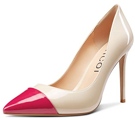 Aachcol Femmes Aiguille Escarpins Haut High Talon Heel Fermé Pointu Bout Slip-on Dress Chaussures Bureau Classique 10 CM Rouge Beige Vernis 44 EU