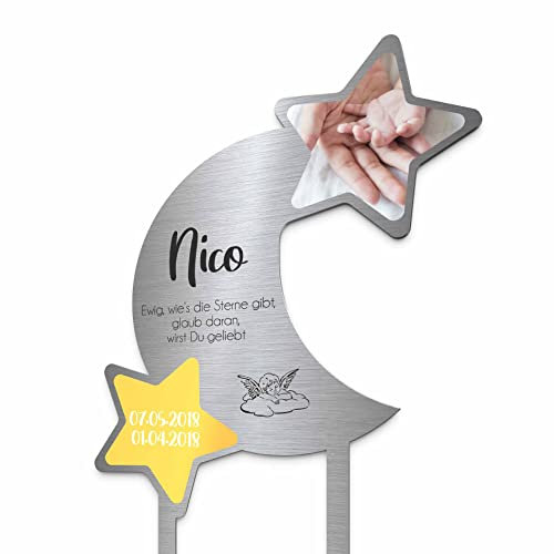Edelstahl Grabstecker Mond & Sterne - Blumenstecker Metall | Personalisiertes Sternenkind Andenken - Sternenkinder Grabschmuck wetterfest | persönliche Friedhof Grab Kindergrab Deko (Personalisierbar)
