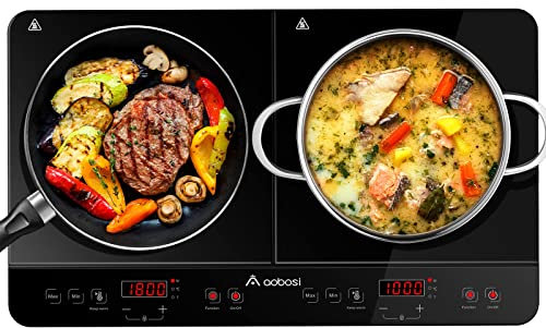 Aobosi Double Induction hob,Induction Cooker with Portable Black Glass Plate, Independent Control,One-click Max and Min Power Control 2800W,20 Temperature Setting[Upgrade],Safety Lock,4-Hour Timer