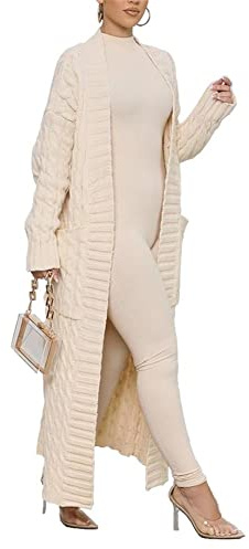 Long Sweaters for Women Cardigan Open Front Long Sleeve Plus Size Chunky Cable Knit Duster Cardigans with Pockets Winter Coat Beige