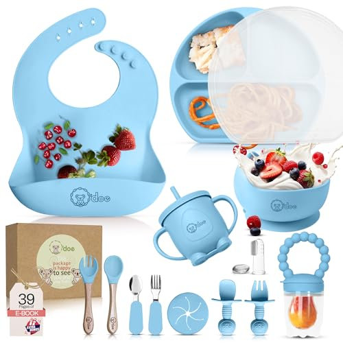 O'doe 17-teilig Baby LED-Entwöhnungszubehör für Kleinkinder, Babyfütterungsset | Saugnapf-Silikon-Babyschale, selbstverzehrende Utensilien mit Löffeln, Tassen, Lätzchen, Essteller-Set mit |Blau, V2