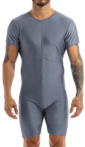 TSSOE Herren Body Mit Bein Kurzarm Overall Einteiler Bodysuit Mit Reissverschluss Slim Fit Jumpsuit Männerbody Sportbody Unterhemd Gymnastikanzug Grau S