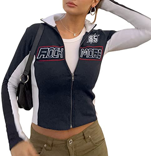 L&ieserram Damen Zip Up Kurze Jacke Vintage College Baseball Jacke Crop Sweatjacke Übergangsjacke Sweatshirt ohne Kapuze Y2K Aesthetic Clothes Frühling Herbst (A - Schwarz & Weiß, L)