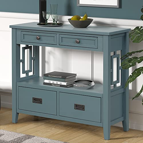 Knocbel Farmhouse Entry Console Table with 2 Storage Drawers 2 Cabinets and Open Shelf, Entryway Hallway Living Room Kitchen Sofa Table, 36.02 W x 12.99 D x 31.5 H, New Blue
