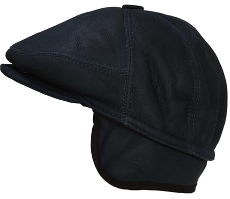 CUCUBA Coppola Cappello da Uomo in Pelle di Montone Shearling - Berretto con Visiera e Paraorecchie - Blu Scuro (M) 56