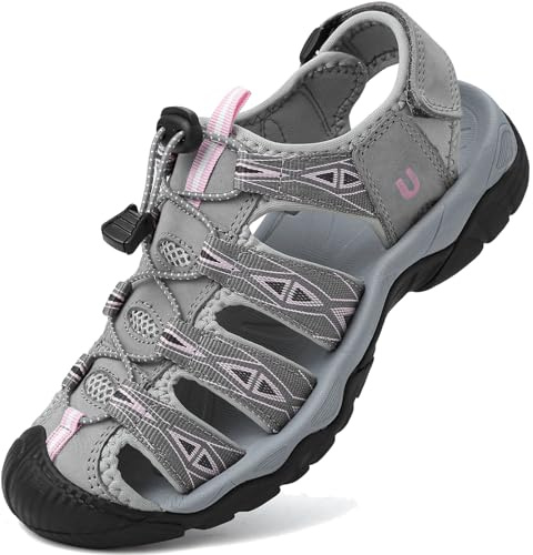 LVPTSH Women's Hiking Sandals - Closed Toe, Trail Walking, Arch Support, Adjustable, Grey/Pink, EU37