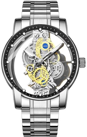 FORSINING Montre analogique à quartz pour homme, montre de poignet squelette transparente, cadran de luxe en acier inoxydable, résistante à l'eau, lumineuse, argent, bracelet
