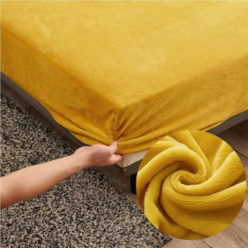 Samt Spannbettlaken 180x200 cm Warm Winter Frottee Spannbetttücher, Highdi Microfleece Flausch Gelb Spannbetttuch 180 x 200 Boxspringbett Bettlaken für Hohe Matratze Steghöhe 25-30cm