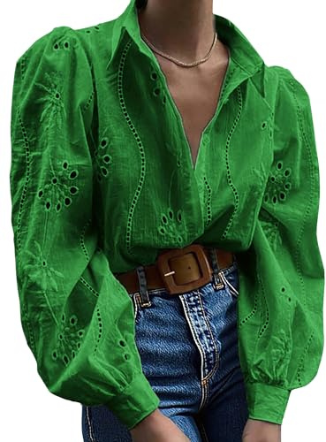 Awemeal Chemisier boutonné pour femme - Haut creux - Brodé - Manches longues - Chemise bouffante - T-shirt à manches longues - Haut élégant - Couleur unie - Chemisier décontracté, vert, L