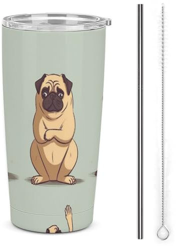 Stanley Kaffeetassen mit Deckel, Autobecher, trocknerversiegelt, doppelter Trinkdeckel, Edelstahl-Trinkhalm, Yoga, Mops, bedruckte Tassen, passt in Auto-Becherhalter (590 ml)