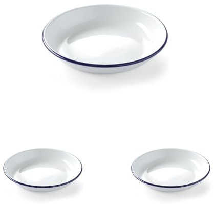 HENDI Assiette en acier émaillé blanc, avec bord bleu, récipient, plat rond, assiette creuse, ø240x(H) 40mm (Lot de 3)