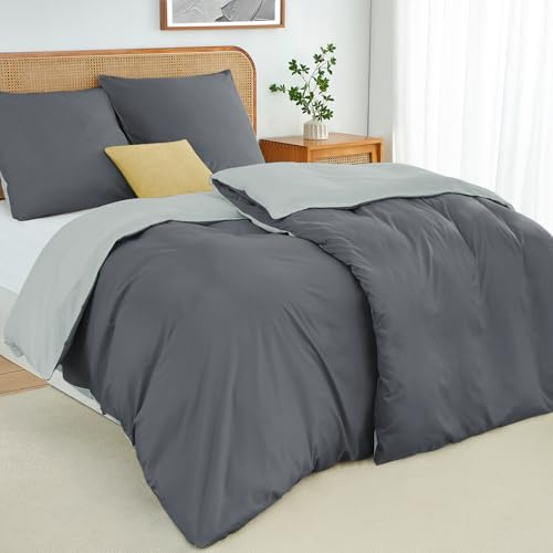 Duvetnova Bettwäsche 135x200 4teilig Grau/Hellgrau Bettwäsche-Sets Microfaser ÖKO-TEX Wendebettwäsche 135 x 200 4tlg, weich & bügelfrei 2 Bettbezug 135 x 200 + 2 Kissenbezüge 80x80 mit Reißverschluss