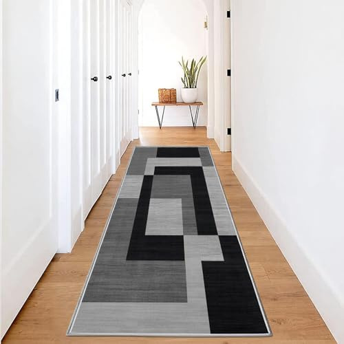 Hafaa Carpet Runners for Hallway Non-Slip 80 x 150 cm - Geometric Pattern Printed Design Bedroom Black and Grey Bedside Carpets for Kitchen, Lounge (Milo Black and Grey-1)