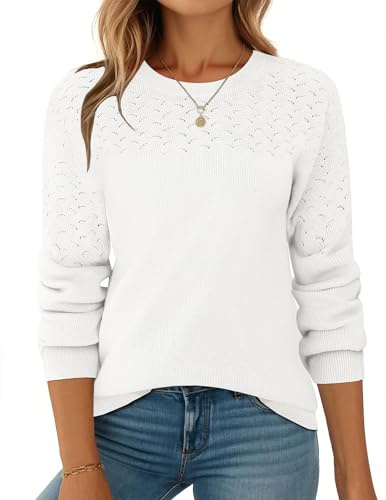 Zeagoo Maglione da Donna in Maglia Elegante Pullover A Maniche Lunghe con Scollo Rotondo Maglione all'Uncinetto Pullover A Coste Bianco L