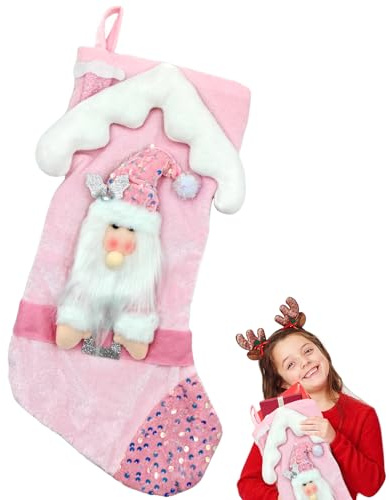 KECDRU Calze Natalizia da Appendere Rosa Grande 3D con Decorazione Glitterata, per Camino Decorazione Natale Riutilizzabile Classico Christmas Stocking (Babbo Natale)
