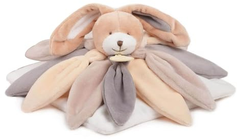 DOUDOU ET COMPAGNIE - Doudou Lapin Plat pour Bébé - Format Carré Pétale - 28 cm - Taupe - Avec Boite Cadeau - Idée Cadeau De Naissance - Garantie Doudou Perdu - DC2792