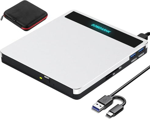 SOMDARHK External CD DVD Drive for Laptop: USB 3.0 & Type-C Portable CD Burner Reader with SD/TF Card Slot & 2 USB Ports/Slim Silver Compatible with PC Tablet Mac (Windows 11/10, MacOS, MacBook Pro)
