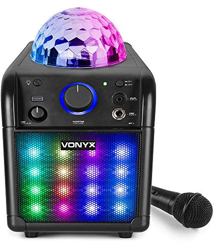 Vonyx SBS50B_Plus Altavoz portátil Set de Karaoke para Fiesta con micrófono y Efecto Eco, Bluetooth, Bola de Discoteca con Efectos de Luces LED y Efectos Luminosos Frontales - Negro