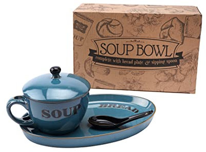 CGB Giftware | Soup Bowl Dish with Bread Serving Plate and Spoon Set | Blue Country Cottage Kitchen Rustic Style | Microwave and Dishwasher Safe | Individually Gift Boxed