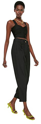 Trendyol Pantalones de Cintura Alta para Mujer, Pierna Recta, Zanahoria, Negro, 62