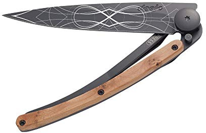 Deejo - Couteau de Poche Pliant 37g - Manche en Bois de Genévrier, Lame en Acier Inoxydable Z40C13 - Motif Infini - Couteau de Table, Randonnée, Camping, Bivouac
