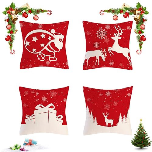 Kleemeiero 4 Stück Kissenbezug Weihnachten Weihnachtskissen Kissen Dekorative Kissenhülle Weihnachtsbaum Rentier Kissenbezug Baumwolle Leinen Sie Kissenbezüge für Weihnachtsdeko Sofa (45 x 45 cm)