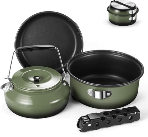 Odoland 5pcs Camping Geschirr Set, Antihaft-Leichtgewicht Topf Pfanne Kettle Set mit einem abnehmbaren Griff - Perfekt für Backpacking, Camping, Wandern und Picknick Grün
