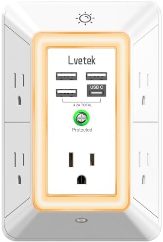 Multi Plug Outlet Surge Protector - Lvetek 3-Sided Power Strip with 5 Outlet Extender and 4 USB Ports(1 USB-C) and Night Light, USB Wall Charger for Home, Office, Travel, ETL Listed, White