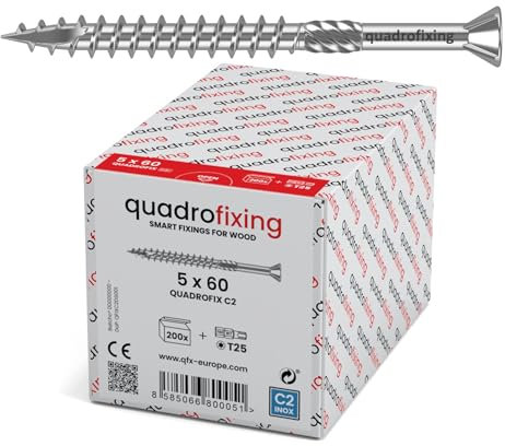 QUADROFIX C2 – Viti per terrazze in acciaio inox Torx T20 | 200 pezzi con punta | per terrazze in legno, facciate e rivestimenti, viti rivestite in cera per un facile montaggio (4,5 x 60)