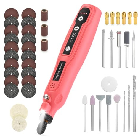 Tangting Phoenix Mini Cordless Rotary Tool for 3D Print Finishing & Model Hobby: 5-Speed, LED Light, 45Pcs Kit for Engraving Wood/Metal/Resin, Polishing, Pet Nail Grinding, Jewelry Drilling (Pink)